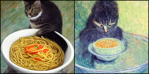a photo of a cat eating a bowl of noodle in Monet style